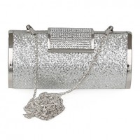 Handbags/ Clutches In Silver Satin With Crystal/Rhinestone   